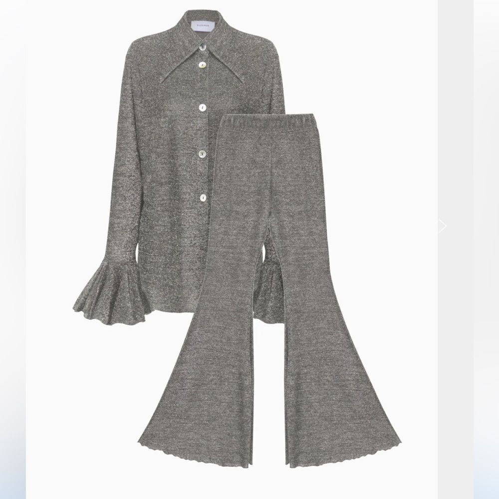SLEEPER Lurex lounge suit set silver outfit bell bottoms blouse pajamas M
